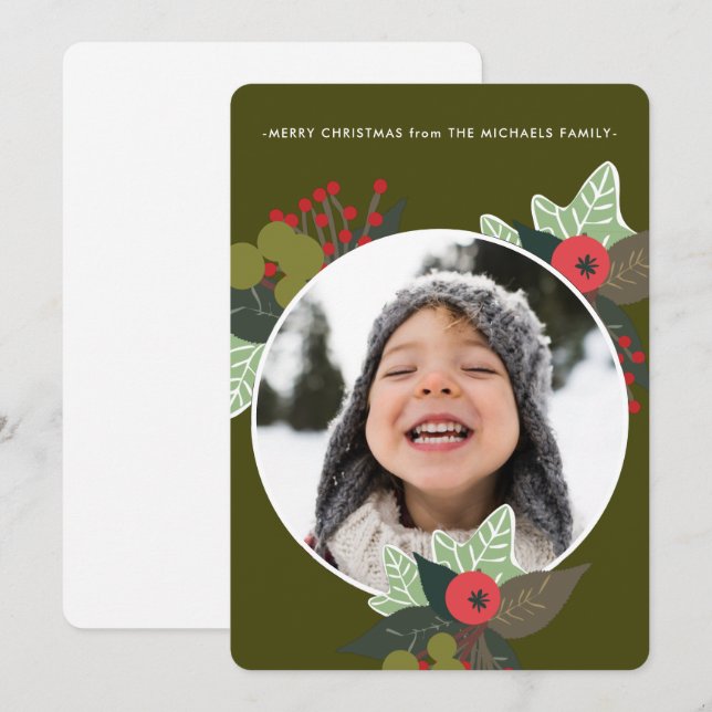 Cartão De Festividades Festivo Círculo Botânico Verde Foto Natal (Frente/Verso)