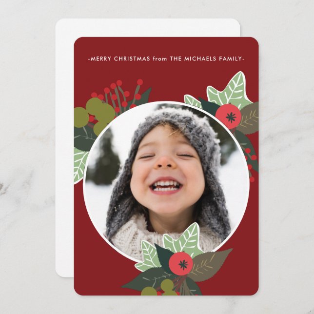 Cartão De Festividades Festivo Círculo Botânico Vermelho Foto Natal (Frente/Verso)
