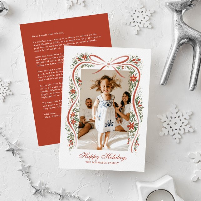 Cartão De Festividades Festivo Fita Vermelha com Poinsettias e Greeneresc (Criador carregado)