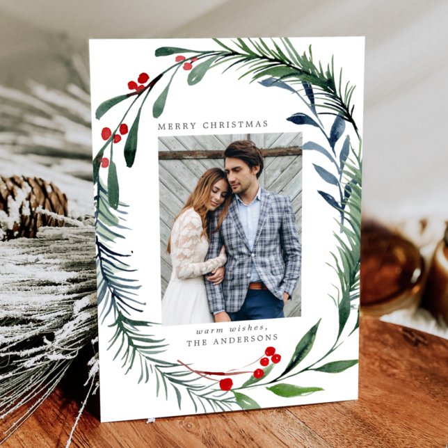 Cartão De Festividades Festivo Greenery & Holly Berries Wreath Foto (Criador carregado)
