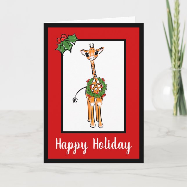Cartão De Festividades Festivo Holiday Giraffe com Holly berry wreath (Frente)