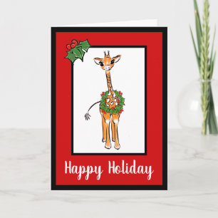 Cartão De Festividades Festivo Holiday Giraffe com Holly berry wreath