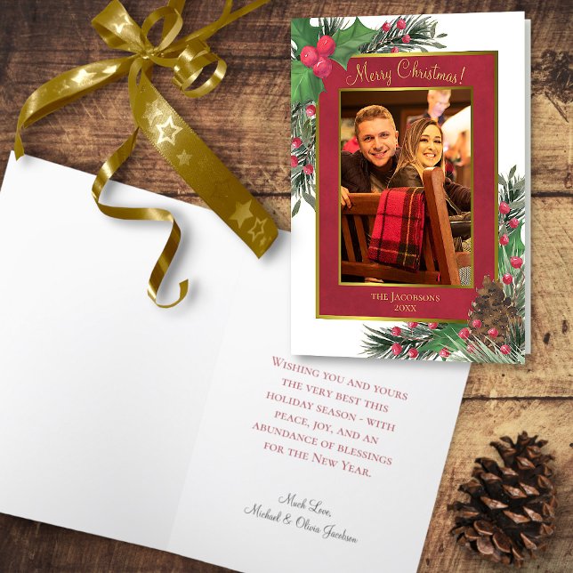 Cartão De Festividades Festivo Holly Berries e Pine Feliz Foto de Natal (In Situ Front/Open)