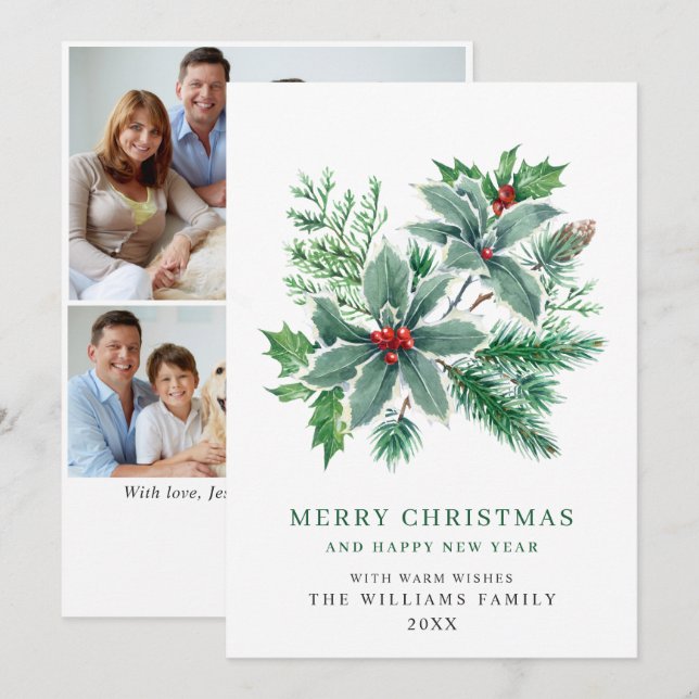 Cartão De Festividades Festivo Holly Berry 3 FOTO Saudação de Natal (Frente/Verso)