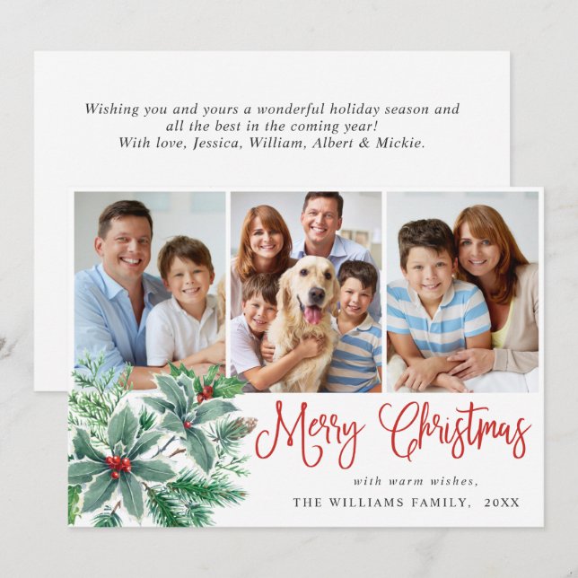 Cartão De Festividades Festivo Holly Berry 3 FOTO Saudação de Natal (Frente/Verso)