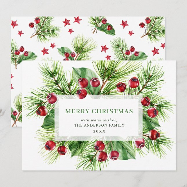 Cartão De Festividades Festivo Holly Berry Saudação de Natal (Frente/Verso)