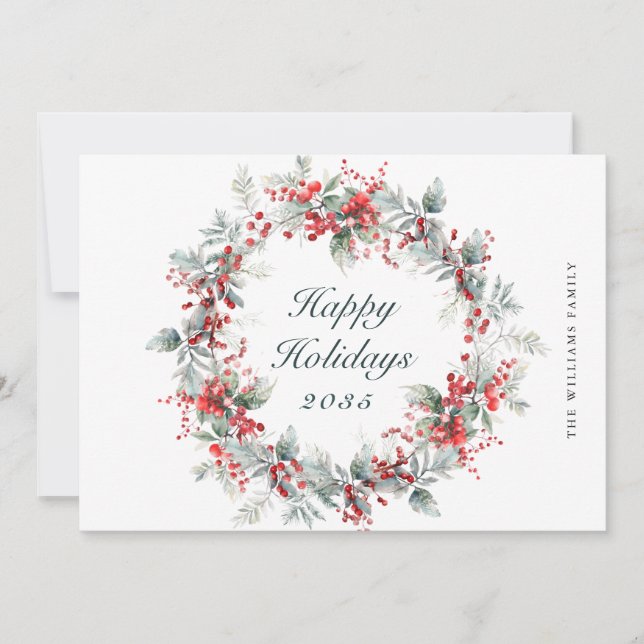 Cartão De Festividades Festivo Holly Berry Wreath de Natal (Frente)