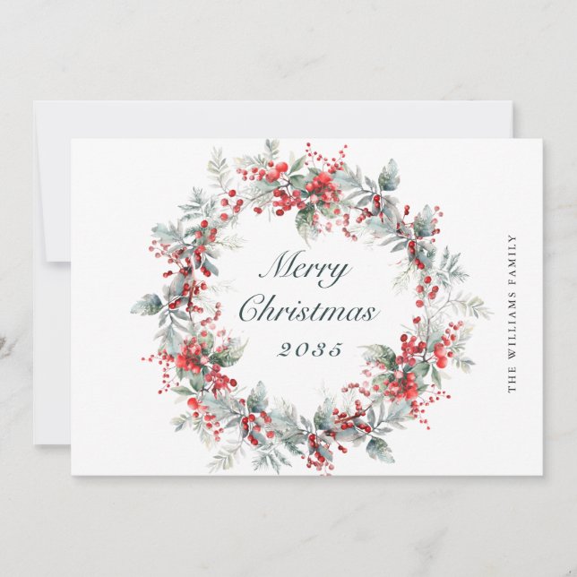 Cartão De Festividades Festivo Holly Berry Wreath de Natal (Frente)