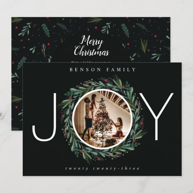 Cartão De Festividades Festivo JOY Wreath de Natal Deixa Berries Foto (Frente/Verso)