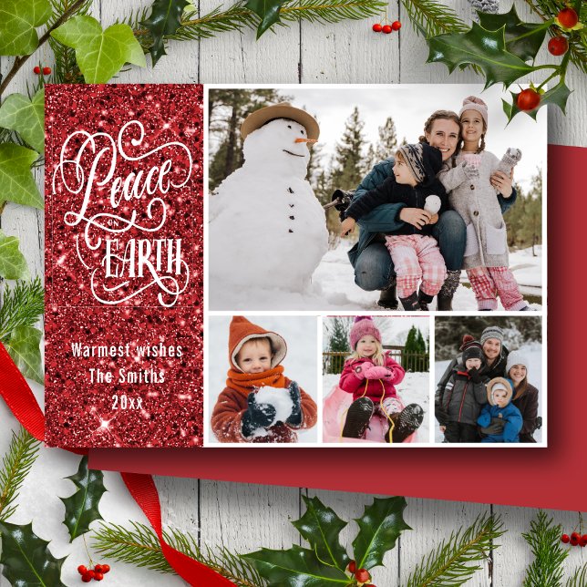 Cartão De Festividades Festivo Red Glitter Peace on Earth Photo Christmas (Criador carregado)