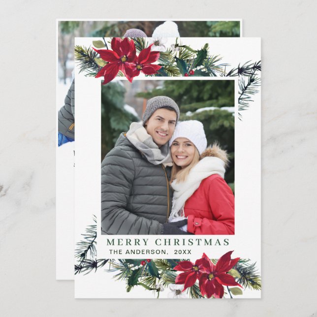 Cartão De Festividades Festivo Red Poinsettia Natal Saudação 2 FOTO (Frente/Verso)