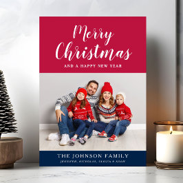 Cartão De Festividades Festivo Red White Blue Script Feliz Natal