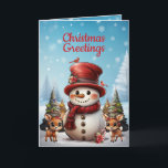 Cartão De Festividades Festivo Snowman Reindeer Snowflake Foto ☃️ 🦌 🎄<br><div class="desc">Este cartão de feriado de Natal personalizável é ideal para espalhar alegria e melhores desejos. Design apresenta um desenho animado, um bonitinho, um boneco de neve com um chapéu, pássaros cardeais vermelhos e Reindeer floral (Deer, Fawn, Doe), cada um com flores de poinsettia escondido em seus ouvidos. Tudo colocado sobre...</div>