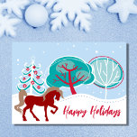 Cartão De Festividades Festivo Snowy Winter Horse Christmas<br><div class="desc">Cavalo festivo vermelho e marrom numa floresta branca,  azul e vermelha de neve Feliz Feriados Feliz Cartão de Natal. Saudação dentro - "Desejando-lhe alegria e paz no Natal e durante todo o Ano Novo" - A saudação pode ser personalizada para ler como quiser.</div>