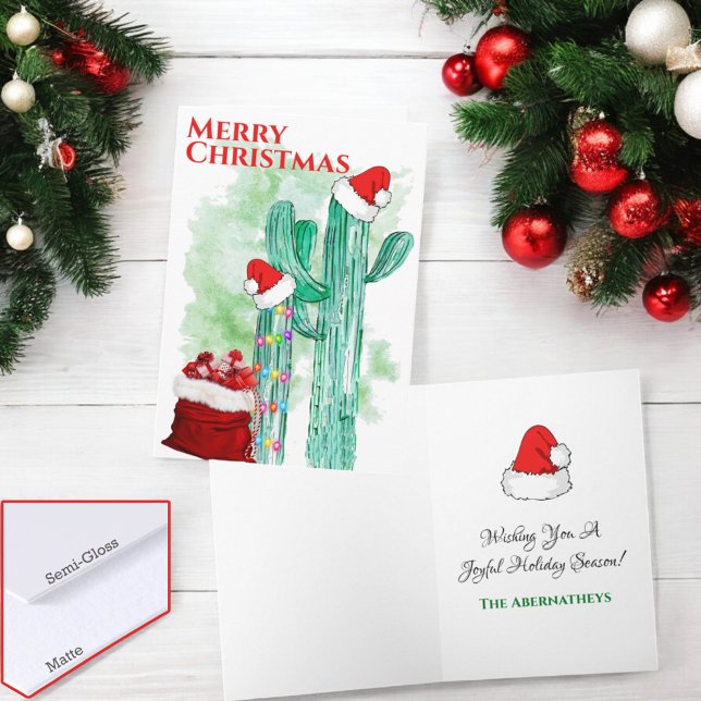 Cartão De Festividades Festivo Southwest Saguaro Cactus Personalizado (Folding Christmas card cover and inside template text)