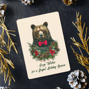 Cartão De Festividades Festivo Urso Fúria de Natal e Red Bowtie