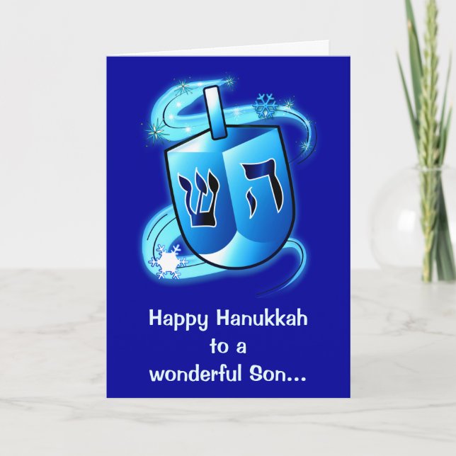 Cartão De Festividades Filho feliz de Hanukkah com giro de Dreidel (Frente)