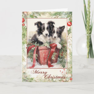 Cartão De Festividades Filhote de Border Collie Vitoriano no Natal