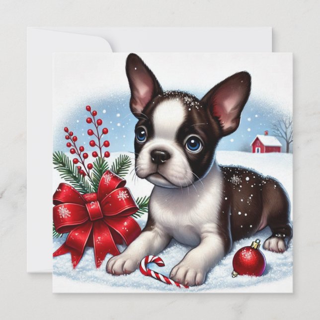 Cartão De Festividades Filhote de Boston Terrier com Decorações de Natal (Frente)