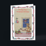 Cartão De Festividades filhote de cachorro marrom bonito que olha o Natal<br><div class="desc">Esta é uma ilustração original do Natal de Bonzo o cão de filhote de cachorro pouco misturado da raça que espreita através da janela porque o papai noel voa perto em seu trenó do Natal. Eu criei este este caráter bonito do filhote de cachorro de minha imaginação, mas eu penso...</div>