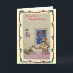 Cartão De Festividades filhote de cachorro marrom bonito que olha o Natal<br><div class="desc">Esta ilustração original do Natal de Bonzo o pouco cão de filhote de cachorro misturado marrom da raça que olha através da janela festiva como a neve está caindo do céu escuro do inverno e o Natal do pai voa perto em seu trenó do Natal que é empilhado altamente com...</div>