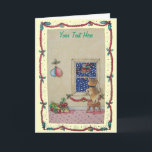 Cartão De Festividades filhote de cachorro marrom que olha o trenó de<br><div class="desc">Esta ilustração original do Natal mostra a "Bonzo" o filhote de cachorro misturado marrom bonito da raça enquanto olha o papai noel através da janela. Os flocos da neve estão caindo do céu da Noite de Natal enquanto o Natal do pai voa perto em seu trenó, na elevação empilhada trenó...</div>