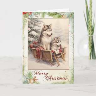 Cartão De Festividades Filhote de Husky Siberiano Vitoriano no Natal