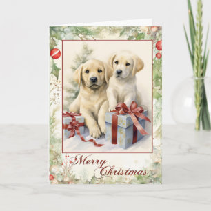 Cartão De Festividades Filhote de Labrador Amarelo Vitoriano no Natal
