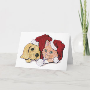 Cartão De Festividades Filhote de Labrador de Natal Fofo e Gato Tabby Lar