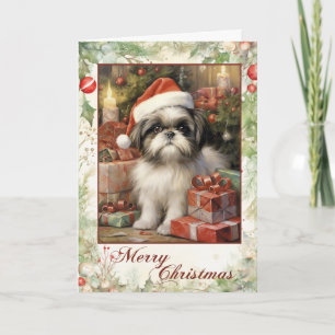 Cartão De Festividades Filhote de Shih Tzu Vitoriano no Natal