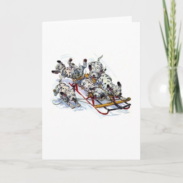 Cartão De Festividades Filhotes de cachorro Dalmatian Sledding (Frente)