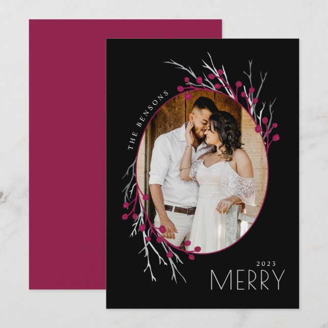 Cartão De Festividades Filiais de Feliz de Berries Red Black (Frente/Verso)