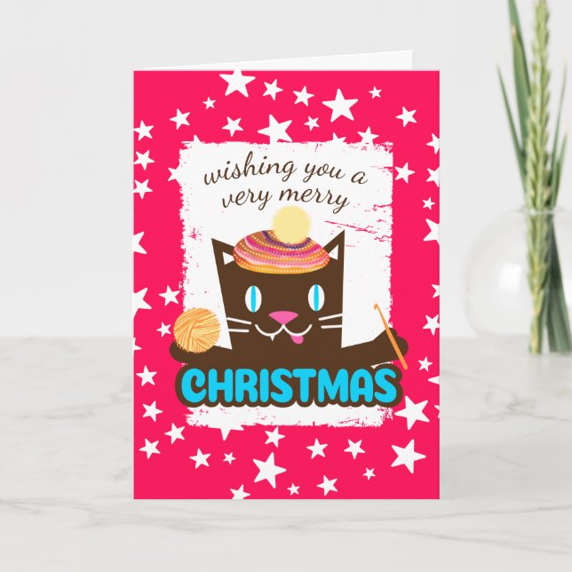 Cartão De Festividades Fios de gancho de Natal de gato engraçado (Frente)