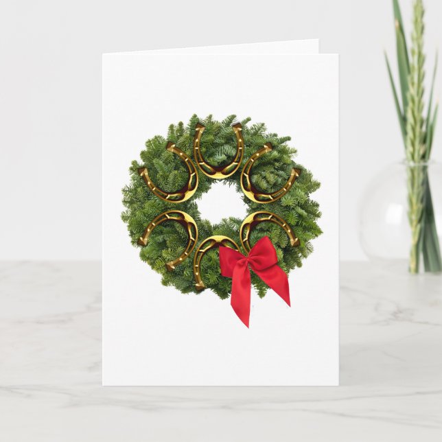 Cartão De Festividades Fir Wreath com ferraduras Douradas e Arco vermelho (Frente)