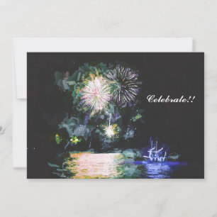 Cartão De Festividades Fireworks Celebrar Boat Watercolor Ano Novo