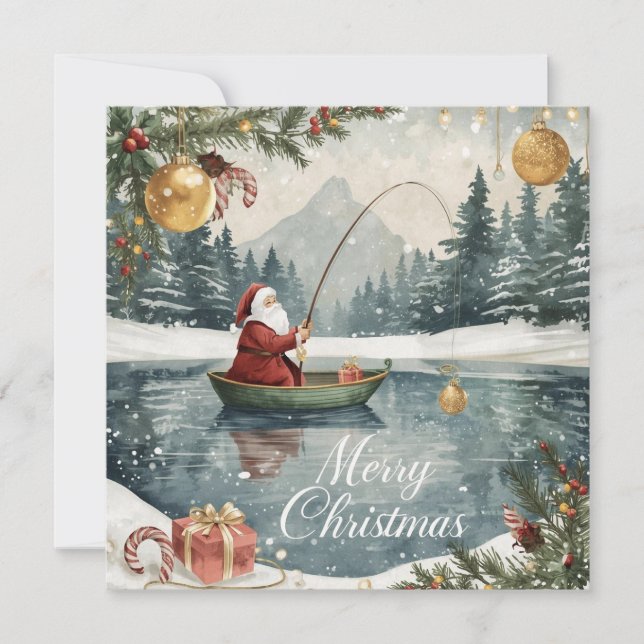Cartão De Festividades Fishing Christmas with Santa Claus in the Winter (Frente)