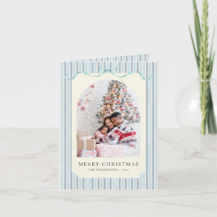 Cartão De Festividades Fita de Listra Creme Azul Foto Natal Dobrada