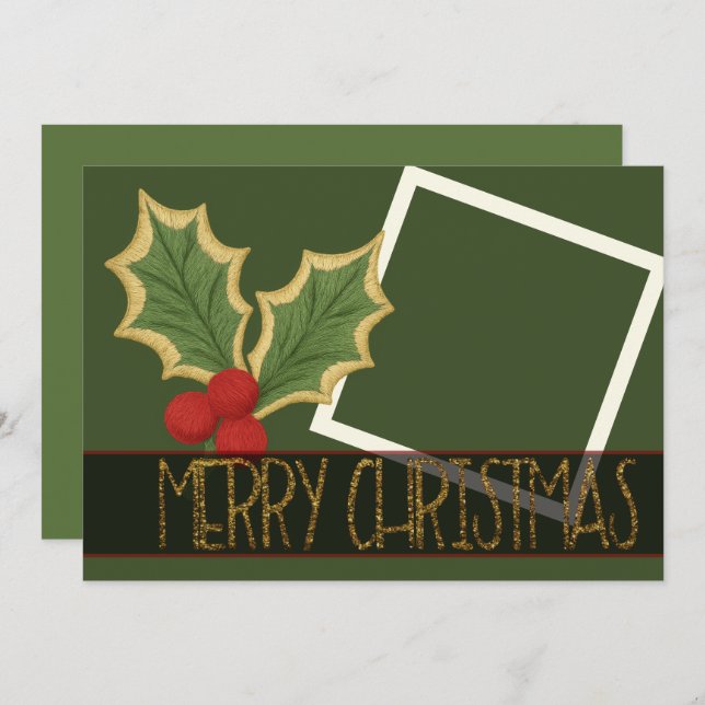 Cartão De Festividades Fita de Natal com Bordado de Azevinho e Frutas (Frente/Verso)