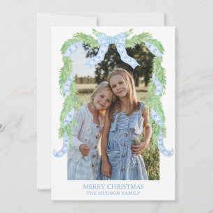 Cartão De Festividades Fita de Natal em Aquarela com Laço Azul Foto