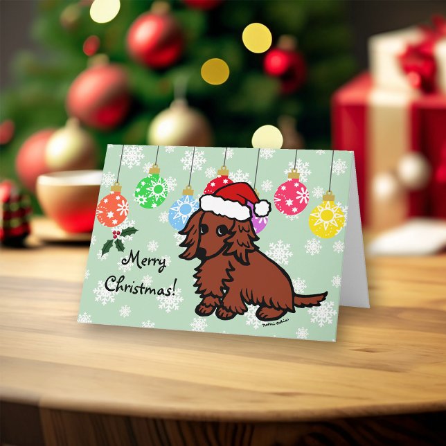 Cartão De Festividades Fita de Natal Red Long Haired Dachshund (Red Long Haired Dachshund Christmas Cards for Dachshund Owners.  Cute Cartoon Style.)