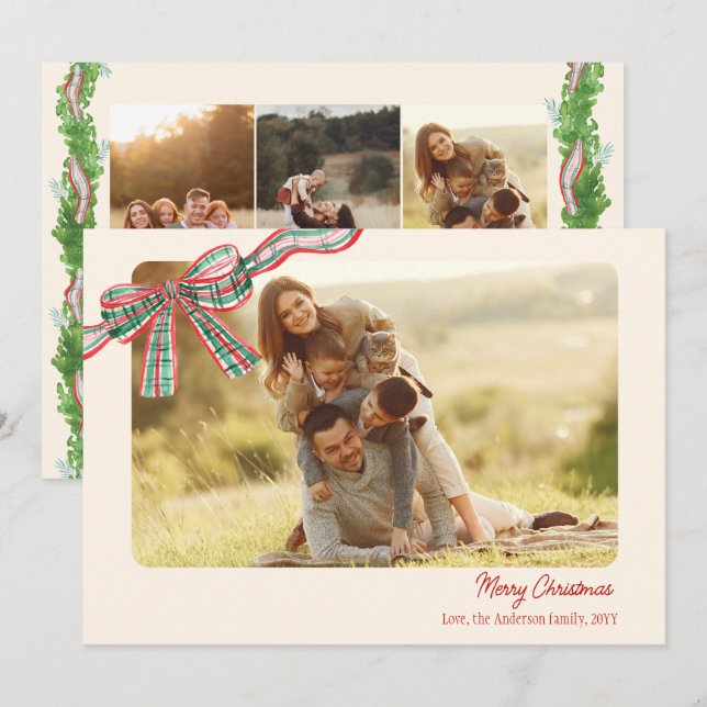 Cartão De Festividades Fita de xadrez do arco Rustic Christmas 4 Photos (Frente/Verso)