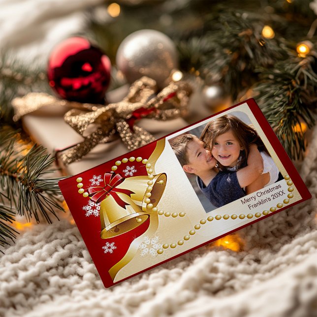 Cartão De Festividades Fitas de Natal e Miçangas Sua Foto (Christmas Bells & Beads Your Photo Holiday Card)