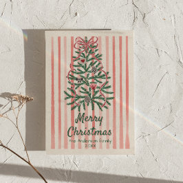 Cartão De Festividades Fitas Verdes Vermelhas Retro Árvore Natal Não Foto