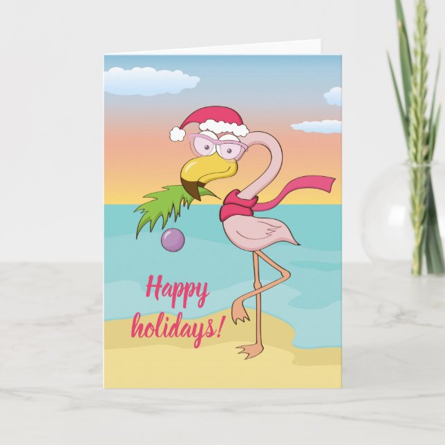 Cartão De Festividades Flamingo de Natal fofo na praia com texto personal (Frente)
