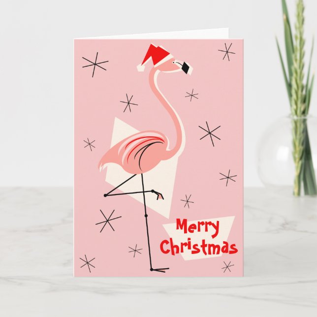 Cartão De Festividades Flamingo Papais noeis Rosa Feliz Natal (Frente)