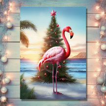 Flamingo rosa e praia tropical de árvore de Natal