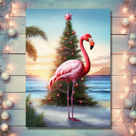 Cartão De Festividades Flamingo rosa e praia tropical de árvore de Natal