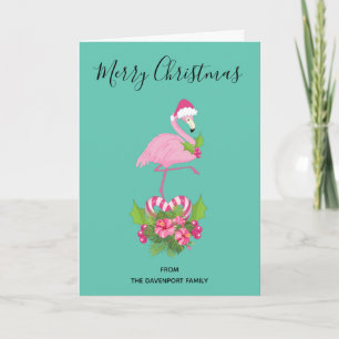 Cartão De Festividades Flamingo Rosa em Chapéu de Papai Noel com Buquê de