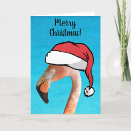 Cartão De Festividades Flamingo Rosa em chapéu de Papai Noel de desenho a