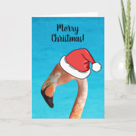 Cartão De Festividades Flamingo Rosa em chapéu de Papai Noel de desenho a